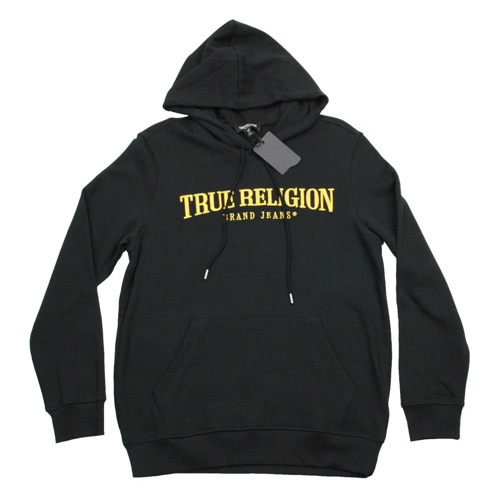 True Religion Hoodie Mens Small Black Arch Logo Pullover Fleece Sweatshirt New